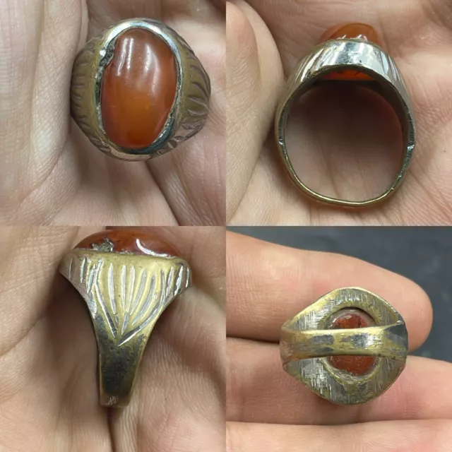 Afghanistan Beautiful Near Eastern Antique Brass Old Agate Stone Rare Ring