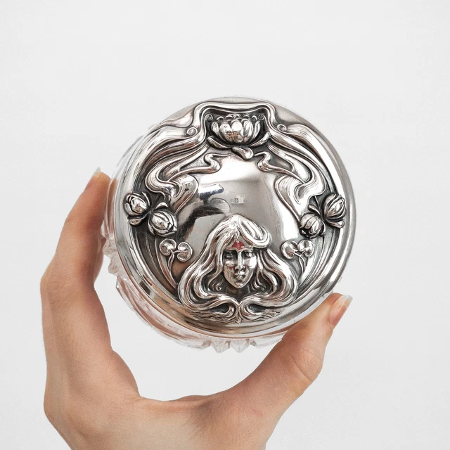 Antique Cut Glass Sterling Victorian Vanity Jar Lily Art Nouveau Repousse Woman