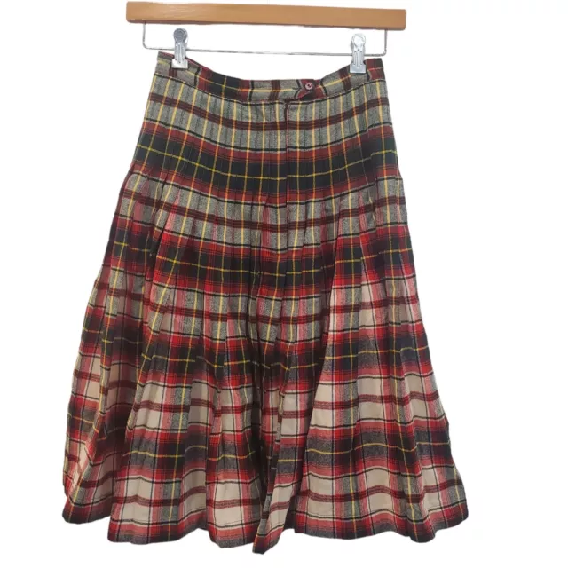 Vintage Wool Plaid Pleated Mid Length Skirt Size 26 Small Green Red Handmade