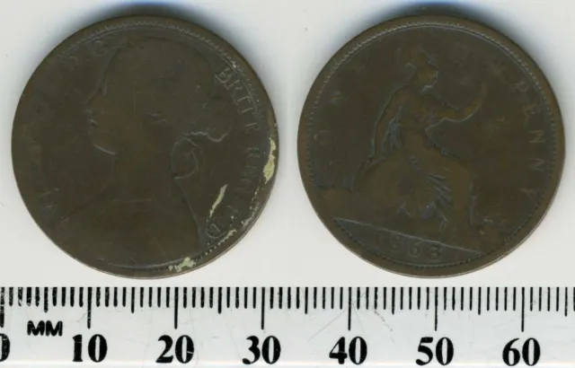 GREAT BRITAIN 1863 - 1 Penny Bronze Coin - Queen Victoria