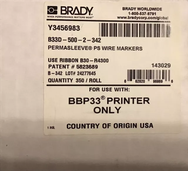 BBP33 Brady B33D-500-2-342 Quanity 350 Roll Y3456983 Permasleeve PS Wire Markers