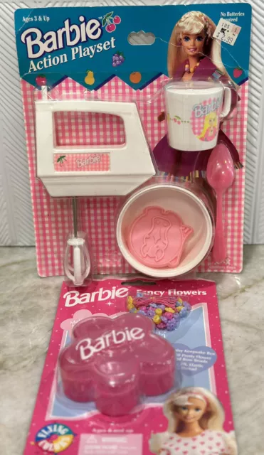 VTG 90s BARBIE Action Mixer Play Set, 1994 Fancy Flowers Beads Keepsake Box NEW