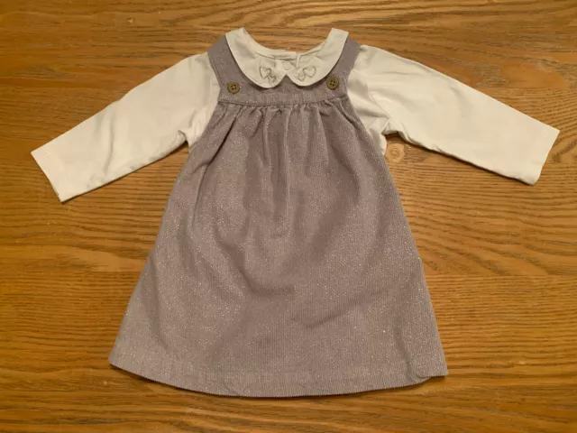 Baby Girl White Collared Top & Sparkly Silver Pinafore Dress Set 6-9 Months 🤍