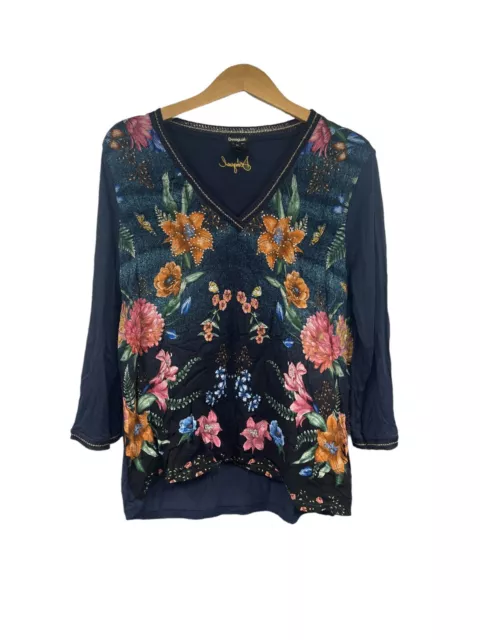 Desigual Womens Floral Print Tunic Top 3/4 Sleeve Beaded V Neck Navy Size XL