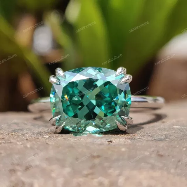 East To West 3.96 Ct Cushion Divine Green Moissanite Engagement 14K Gold Ring