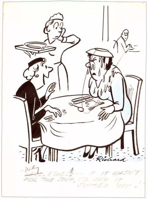 Richard "New Hat restaurant joke" original cartoon artwork newspaper humour