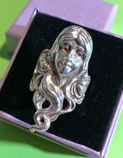 Antique Art Nouveau LADY Profile Face Long Wavy Hair Sterling Silver 925 Ring 7