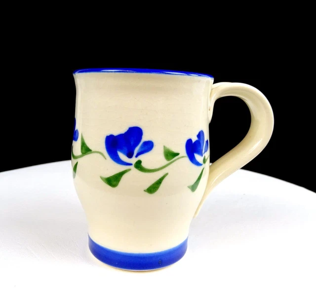 Studio Art Pottery Artist Signed Wheel-Thrown Blue Floral 4 1/2" Mug
