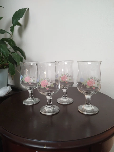 4- Pfaltzgraff Tea Rose Water Wine Stemmed Goblets Glasses 5 5/8" Exc