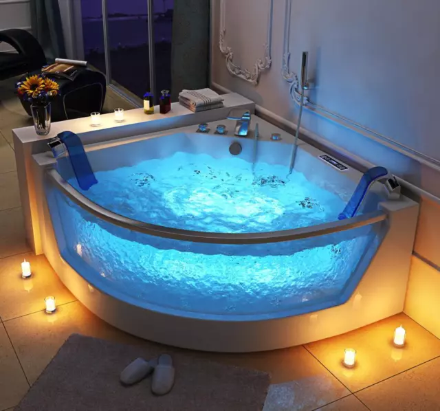 Lujo whirlpool Bañera 140x140 CM Con Cristal Ozono LED Calefacción Frontal para