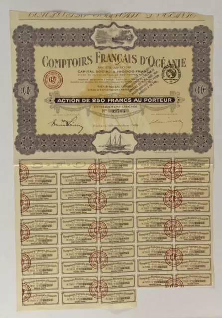 Comptoirs Francais D'Oceanie 1920 Paris France Shipping Stock Certificate Ship
