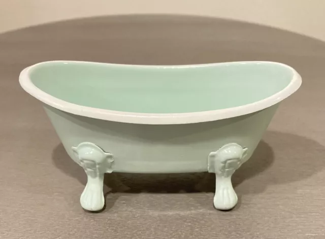 Vintage Mini Enamel Clawfoot Bathtub Soap Dish Holder Dollhouse Mint Green Tub