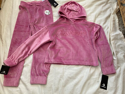 Converse Girls pink velour lounge suit tracksuit hoodie joggers age 9-10  BNWT