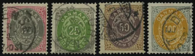 DÄNEMARK 28-31YA o, 1875-77, 20-100 Ø, normaler Rahmen, Wz. 1Y, gez. K 14:131/2