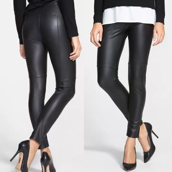 Lysse Black High Waist Wide Waistband Textured Faux Leather Pant Leggings $108 S