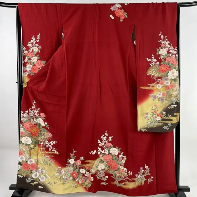 JAPANESE KIMONO FURISODE LONG SLEEVES LADIES WOVEN SILK 100% Red about 159cm
