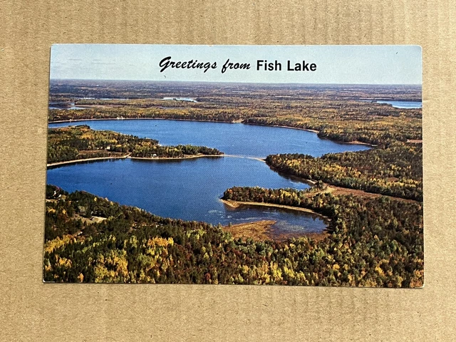 Postcard Spooner WI Fish Lake Greetings Aerial View Vintage Wisconsin