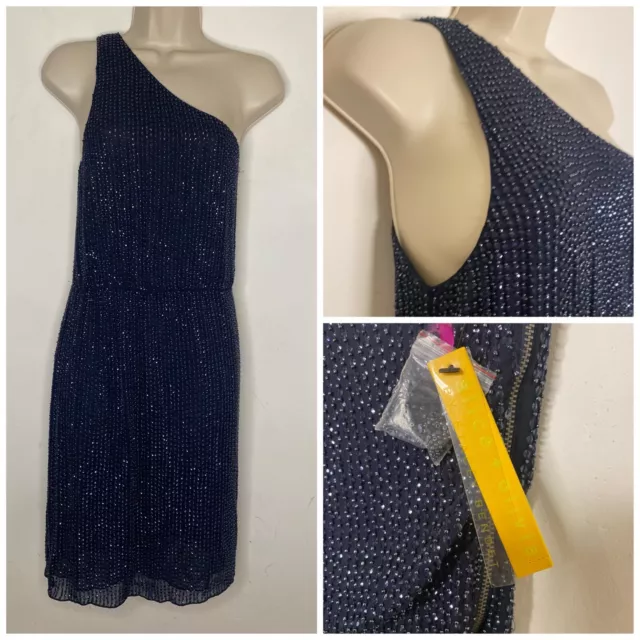 Alice + Olivia One Shoulder Navy Sequin Beaded Dress Size L Bling Mini Cocktail