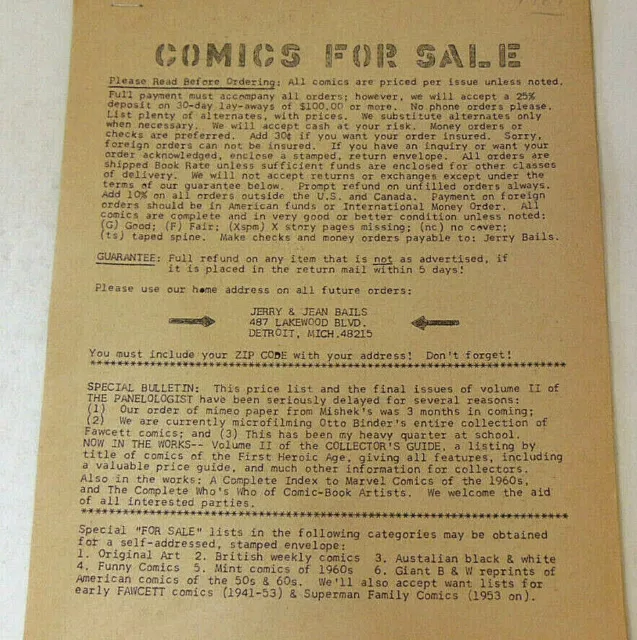 Jerry Bails Comic Book Price List 1969 - Golden Age Comics For Sale