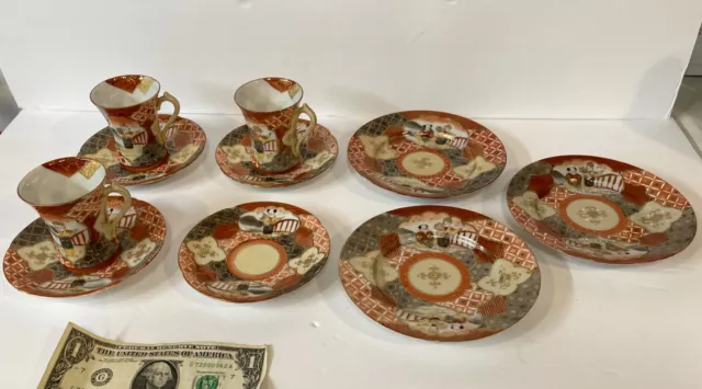 Antique Meiji - Early Taisho Period Japanese 3 Tea Coffee Cups 7 Saucers Signed