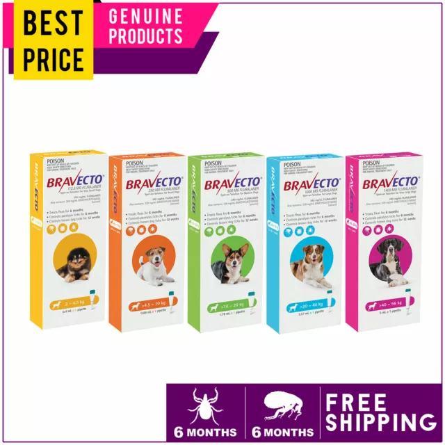 BRAVECTO Spot On 1 Dose 6 months Flea and Tick Treatment for Dogs FREE Ship
