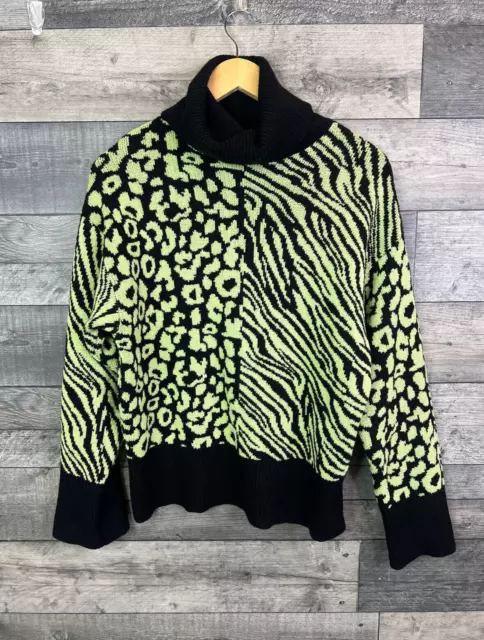 ZARA WOMENS JUMPER Knit Medium Black Neon Green Animal Leopard Zebra High Neck 28.00 PicClick UK