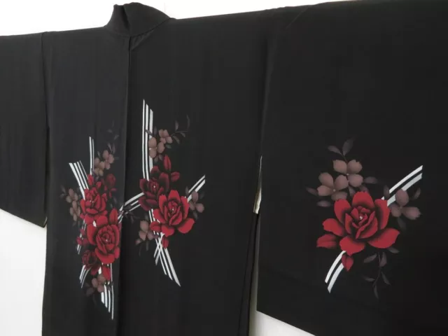 1531T02z570 Japanese Kimono Silk HAORI Black Rose