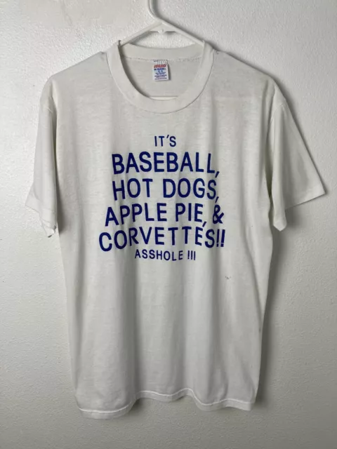 Vintage Baseball Hot Dogs Apple Pie Corvettes Men's M White 80s Shirt Funny