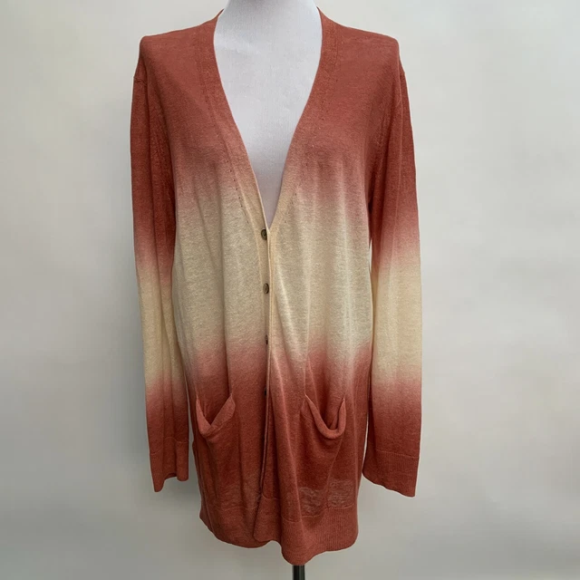 Ann Taylor Women's Cardigan Sweater X-Large Cream Pink Ombre 100% Linen
