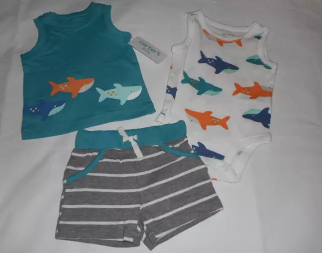 Carter's Baby Boy 3-Piece Shark Shorts Outfit - Infant Size 3 Months - New
