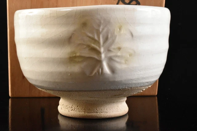 M1985: Japanese Seto-ware White glaze Wood TEA BOWL Green tea tool w/signed box