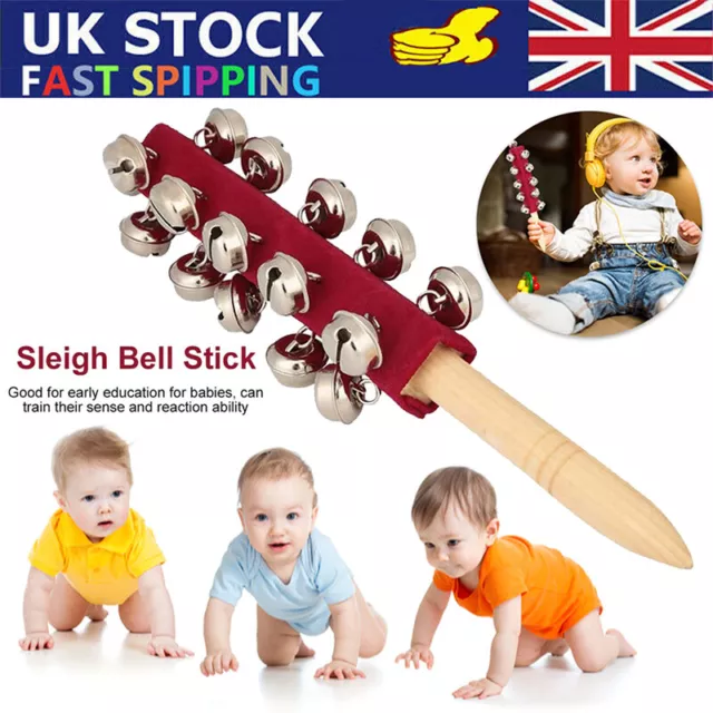 Sleigh Bells Stick Wooden Hand Held w/ 21 Metal Jingles Ball Xmas Percussion Toy