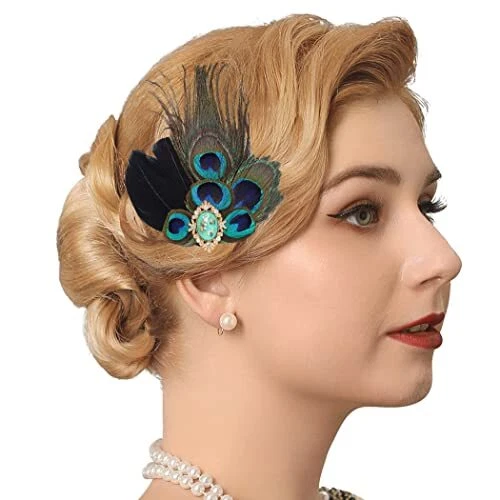 1920s Flapper Headband Peacock Feather Hair Clip Black Feather Headpiece
