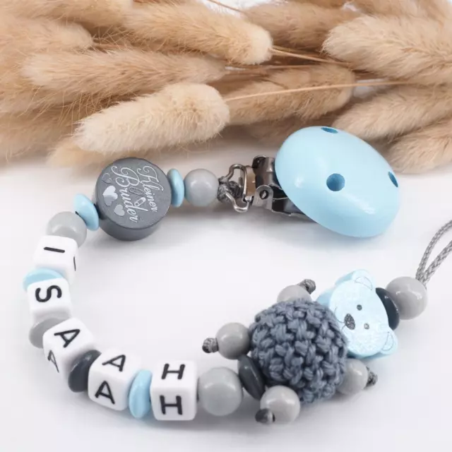 Schnullerkette mit Namen ★ Bruder TEDDY Bär ★ blau Junge Babygeschenk Geburt ★ 3