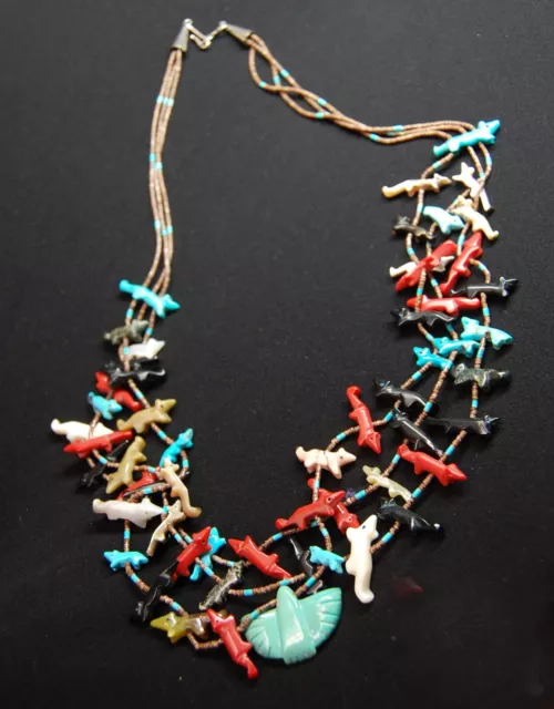 Vintage Great Zuni Fetish Carved Animals Multi Stone Triple Strand 23” Necklace