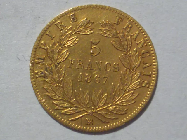 Frankreich: 5 Francs Gold. Jahrgang 1867 Napoleon III. Kranz, Münze Strasbourg!