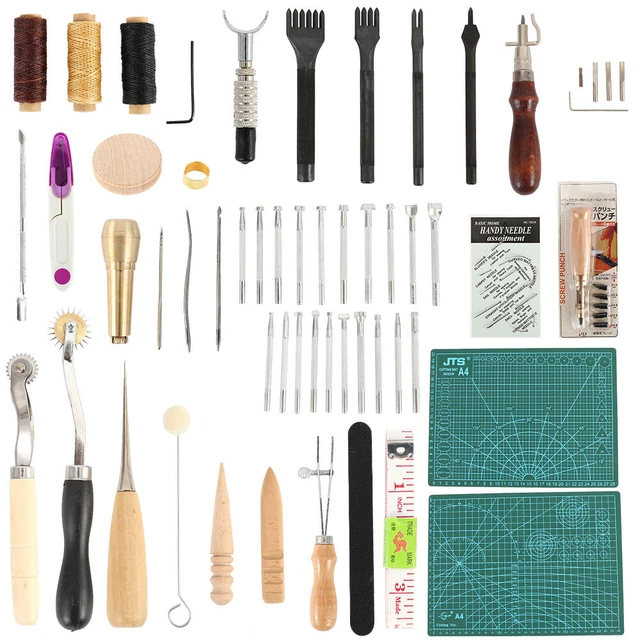 69PCS / set Herramientas de estampado artesanal de cuero Corte mate Costura Groover Prong Punch