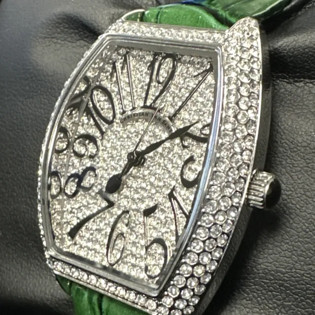 Christian Van Sant CV4821G Elegant 42MM Women's Crystal Set Green Leather Watch