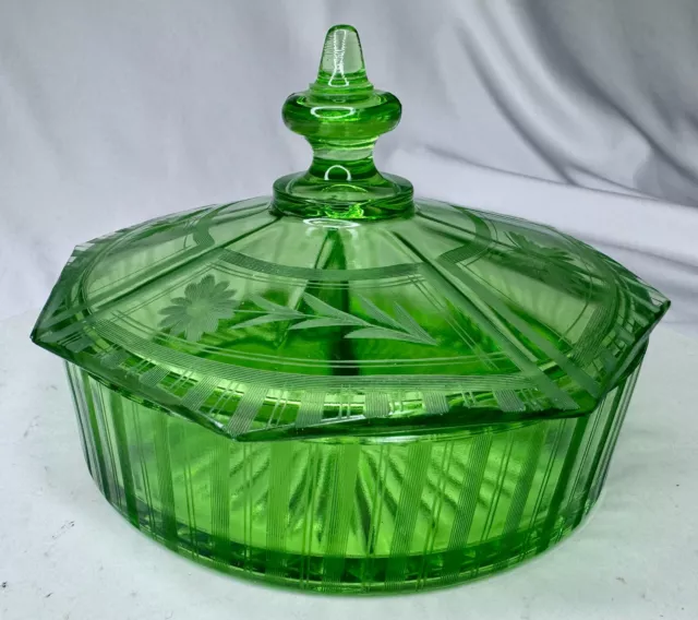 VTG AS IS Green Depression Glass 3 Section Candy Bowl w Lid Flowers Butterflies