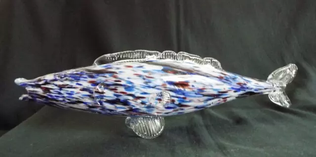 MID CENTURY VINTAGE MURANO HAND BLOWN ART GLASS 38 cm FISH - RED, BLUE & WHITE