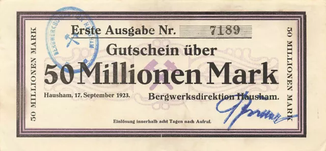 Hausham - Bergwerksdirektion - Notgeld - 50 Millionen Mark - Stempel