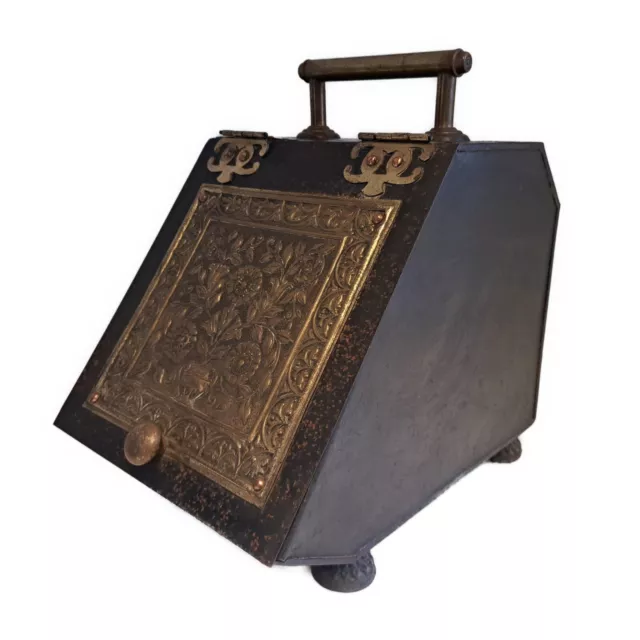Aesthetic Movement Black Metal Sloped Front Coal Box Brass Floral Decoration