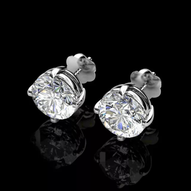 Real 14K White Gold 1Ct Brilliant Created Diamond Earrings Round Stud Screw-Back
