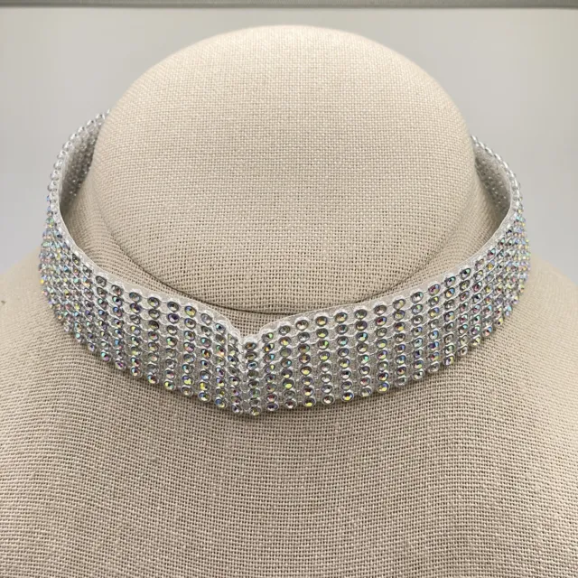 Choker Necklace Silver tone AB Rhinestone Bling Costume Jewelry 12-14"