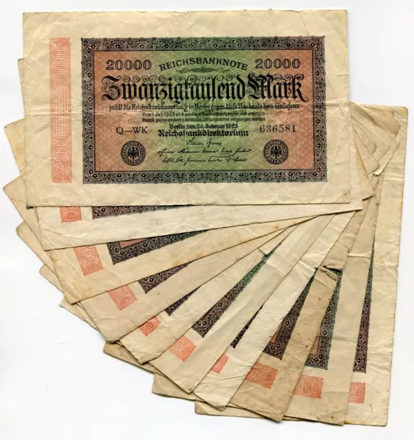 German Antique 1923 Banknote 20 000 Mark Reichsbanknote Money X 10 Note Lot