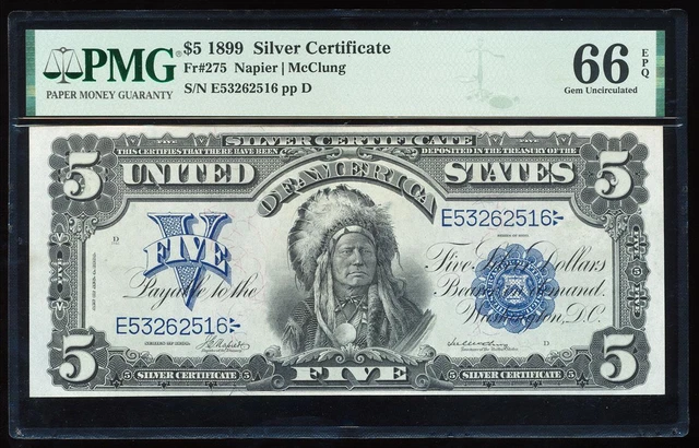 Fr.275 1899 $5 Silver Certificate Pmg66 Epq Gem Cu "Chief Note"