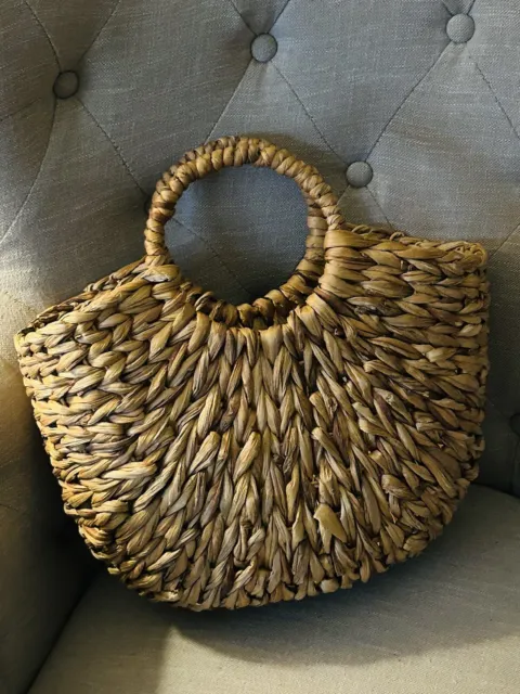 Vtg Straw Handbag Purse Rattan Round Handle Tote Bag Seagrass Woven Basket 12x13