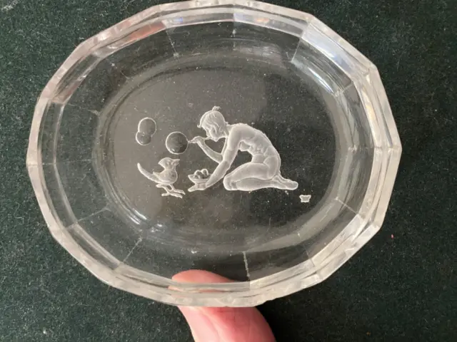 Heinrich Hoffman Pin Tray Open Salt Bohemian Glass Intaglio Nymph Blowing Bubble