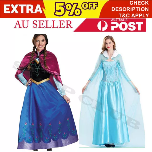 AU Book Week Ladies Deluxe Frozen Anna Princess Queen Elsa Adult Cosplay Costume