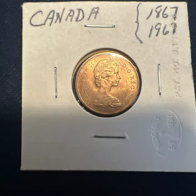 1867-1967 Canadian Memorial One Cent Piece (QUEEN ELIZABETH II + ROCK DOVE) RARE